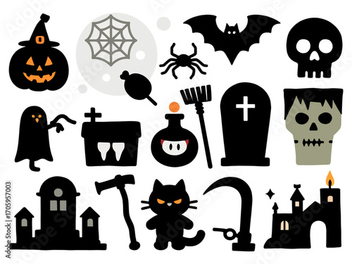 Collection of black Halloween icon silhouettes in clean vector flat design on pure transparent background
