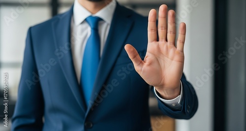 Man in suit showing stop hand