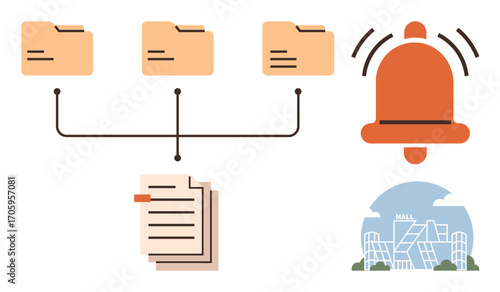 File folders connected to stacked documents, alert bell icon, and modern mall building illustration. Ideal for organization, communication, alert systems, architecture, document management