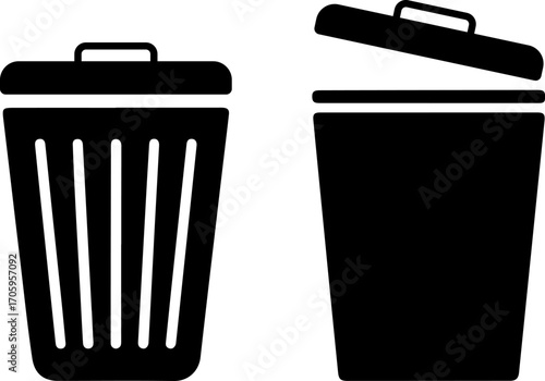 Simple black silhouette icons of two trash cans