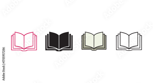 Open Book Icon Set – Stylized Vector Illustrations in Outline, Filled, and Decorative Styles for Education, Reading, Library, and Knowledge-Based UI Design in Minimal Format