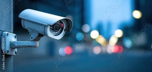 Fototapeta Naklejka Na Ścianę i Meble -  Security camera mounted on a wall, overlooking a city street with blurred lights at night. Blue tones
