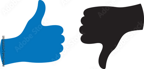 Blue thumbs up and black thumbs down icons approval disapproval