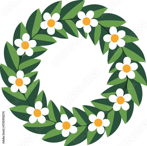 A Simple and Fresh Flat 2D Vector Illustration of a Wreath with Green Leaves and White Flowers