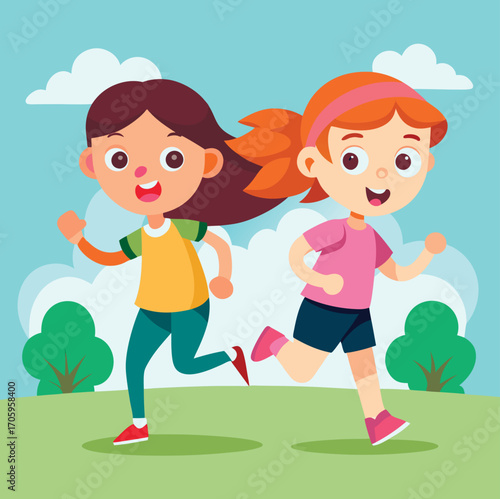 "Vector Illustration of Two Girls Jogging  in a park "