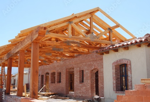 Unfinished, brick building showing exposed wooden framework under a clear, blue sky during daylight