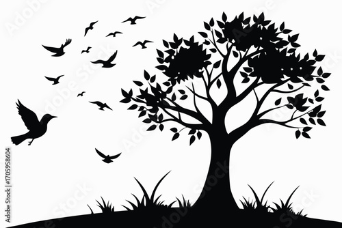 Serene Silhouette A Tree Stands Tall with Birds Taking Flight in a Peaceful and Minimalist Landscape