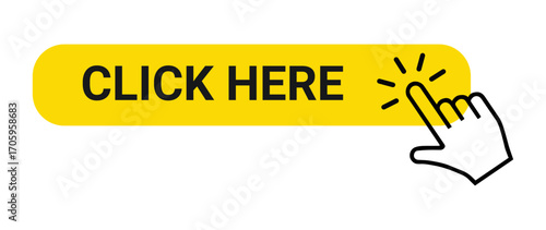 Click here button with hand pointer cursor ic with hand pointer cursor icon. Clickable web sign for website, app, buy now, or register. Action bar graphic element with finger clicking isolated vector.