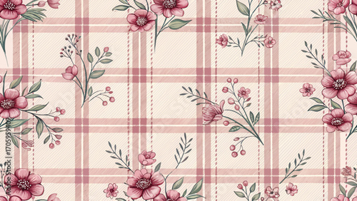 Floral plaid seamless pattern design, pastel pink background for textile, clothing, tablecloth and fashion.