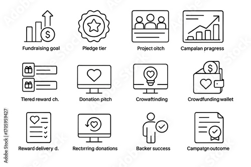 Crowdfunding and fundraising icon set outline style for campaigns and donations