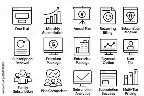 Subscription, billing outline icon set. payment plans, analysis icons linear collection