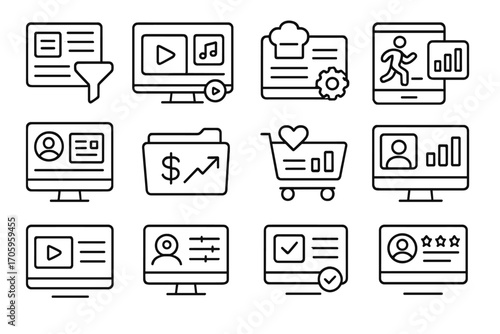 Business, technology line icon set for digital and marketing solutions