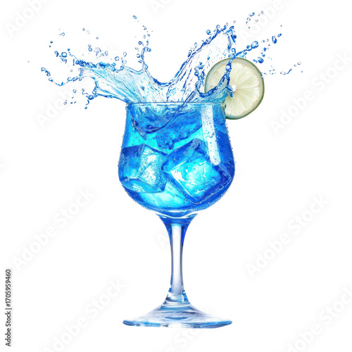 A vibrant blue cocktail with ice cubes and a lime slice, splashing out of a tall glass.