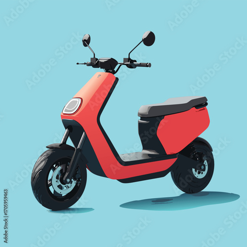 A red electric scooter with black accents on a blue background studio shot