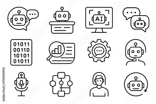 Ai and robotics outline icon set. chatbot, data, technology, coding outlines