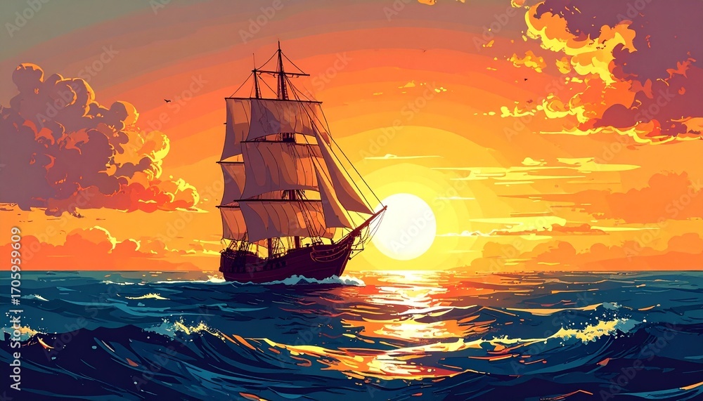 Fototapeta premium Vintage Sailing Ship at Sunset Ocean Scene Illustration