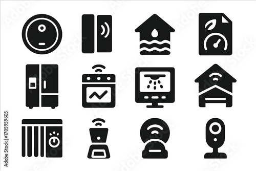 Smart home automation solid icon set. intelligent devices and systems collection