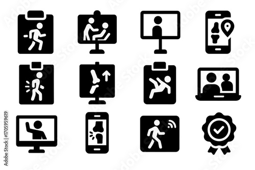 Medical and fitness solid icon set: healthcare, training, telemedicine graphics