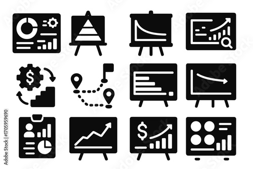 Business, finance solid icon set. analytics, graphs, charts for reports