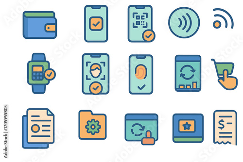 Payment methods icon set. flat, digital transaction, bank, wallet graphics collection