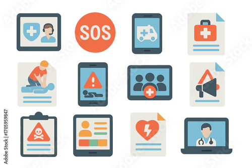 Medical and emergency flat icon set. healthcare, sos, alert, cpr icons collection