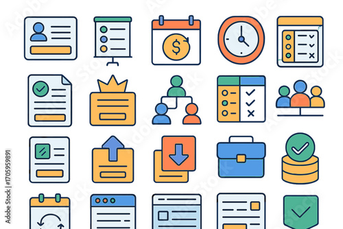 Business, office outline icon set. essential workplace, management outline icons collection