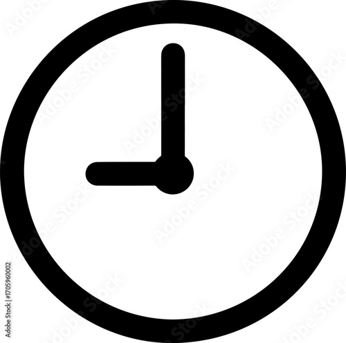 Simple black and white clock face showing nine o clock