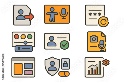 User interface, app flat icon set. profile, multimedia, security flat icons collection