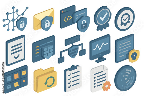 Cybersecurity shield 3d icon set. secure, network, technology protection icons collection