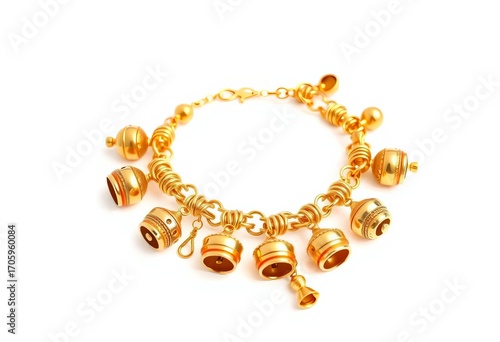 Elegant gold bracelet with delicate bells and charms, isolated on white,  detail,  close up