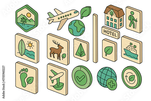 Eco-travel 3d icon set. nature, adventure, tourism, hotel, hiking icons collection