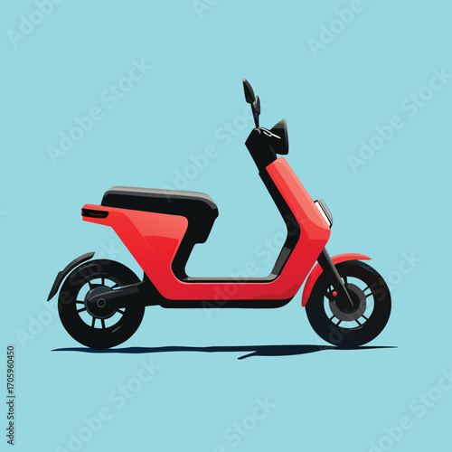 Vivid red electric scooter with black seat and wheels against blue backdrop