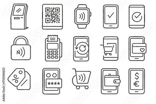 E-commerce payment icon set. essential online shopping icons in outline style