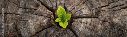 Sprout emerges from aged, cracked tree stump. New life springs against aged wood texture. Bright green leaves contrast with the stump's gray-brown tones