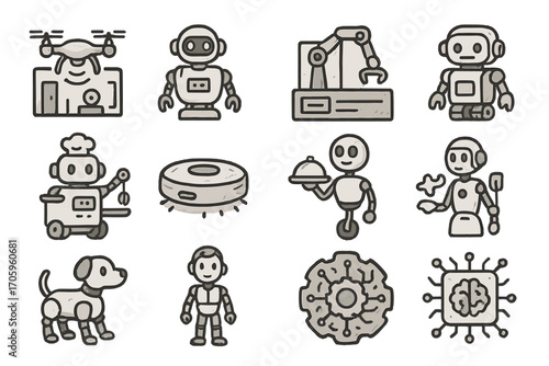 Technology, robotics line icon set. gadgets, ai, automation outlined collection