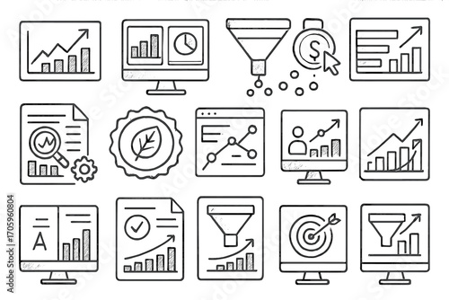 Business and marketing analytics icon set. outline style for data visualization insights
