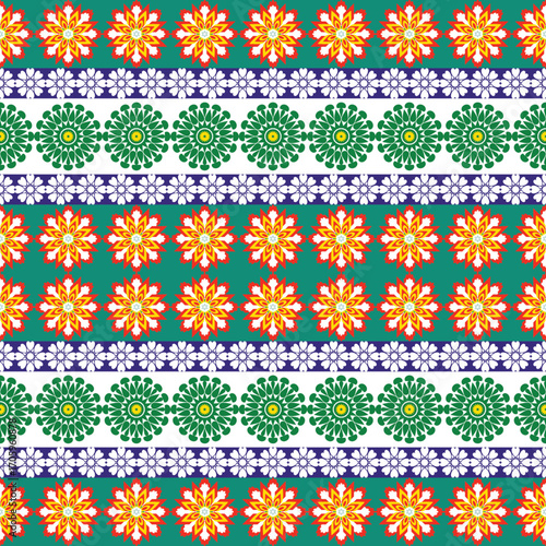 The fabric pattern is in the shape of many kinds of flowers arranged in a beautiful row with a background of mixed color stripes.