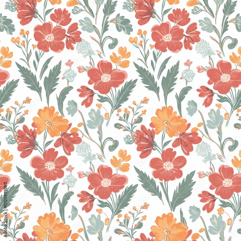Abstract Foliage Seamless Pattern, Cheerful Spring Meadow Flowers. 8K Vector.