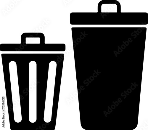 Two black trash cans one small one large