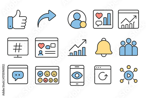 Social media outline icon set. communication, analytics, networking, engagement icons.