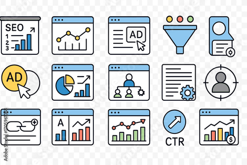 Digital marketing flat icon set. seo, analytics, ads icons flat collection