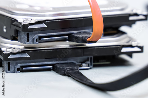 hdd and sata cable close up data storage close up on light background