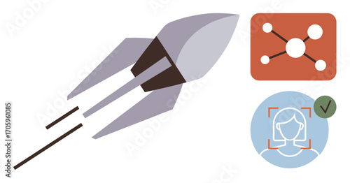 Rocket launch beside a network diagram and facial recognition, symbolizing innovation, AI, future tech, digital connectivity, progress, automation, user identification, and simple flat metaphor