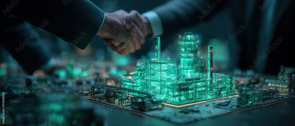 Obraz premium Futuristic hologram investor handshake agreement glow over smart industrial plant model