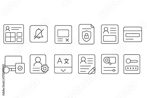 User interface line icon set. profile, security, settings, and search outline icons