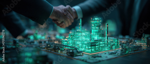 Futuristic hologram investor handshake agreement glow over smart industrial plant model