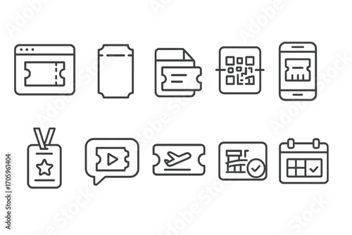 Events and ticketing line icon set. admission, qr code, and booking line icons