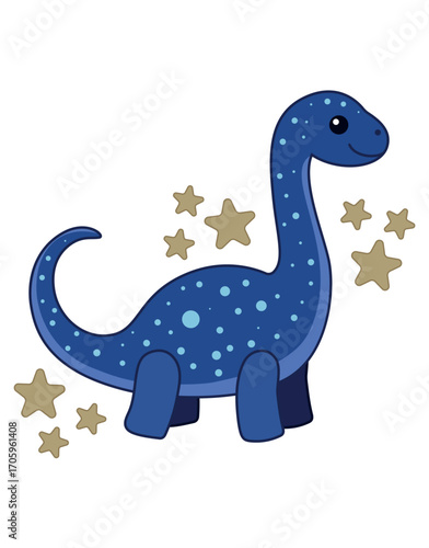 Cute blue dinosaur with stars on white background