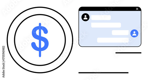 Dollar sign in a circle beside a user messaging interface with messages shown. Ideal for finance, banking, online transactions, communication, e-commerce, fintech, simple landing page
