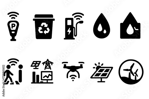 Smart city solid icon set: sustainability, technology, energy, recycling icon collection
